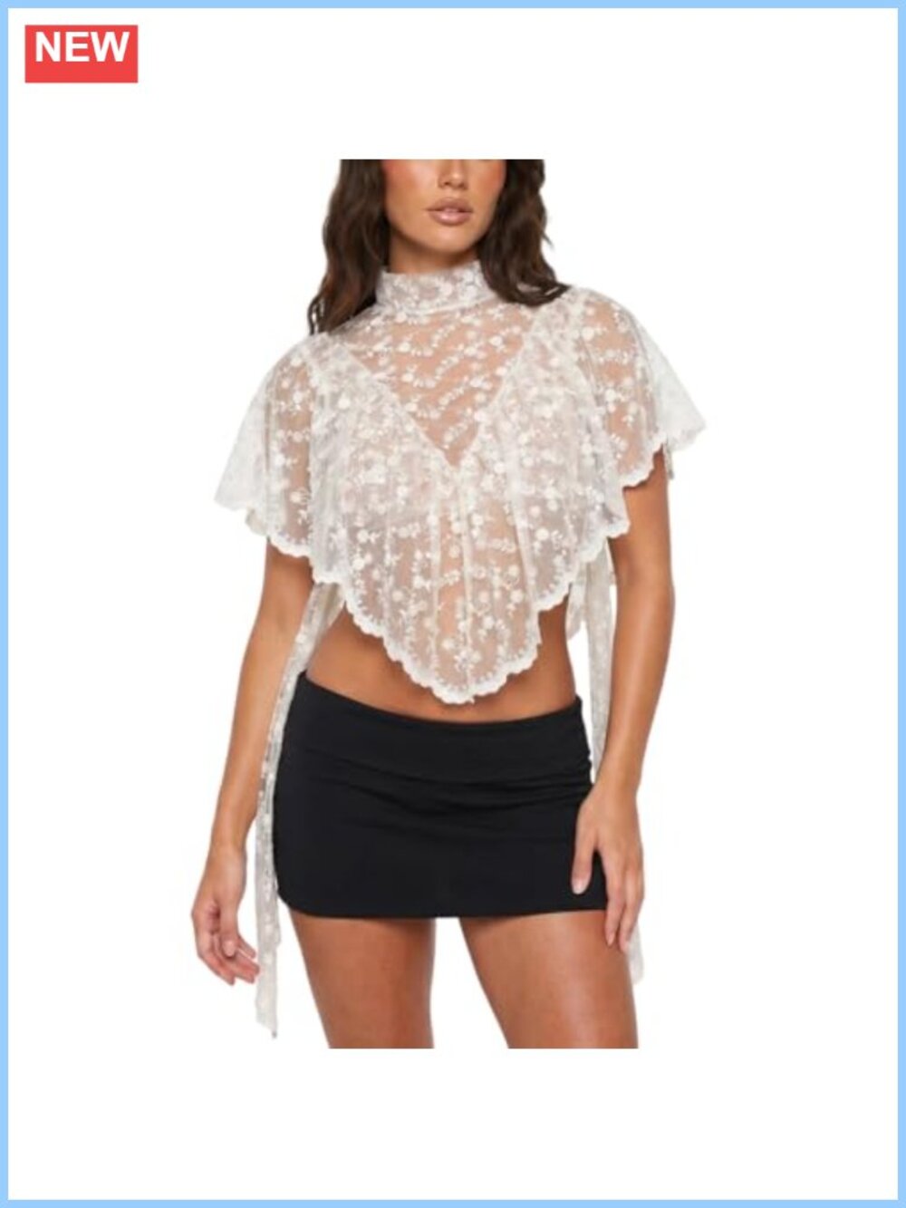 Lace Ruffle Mesh Poncho Top Mock Neck Embroidered Floral